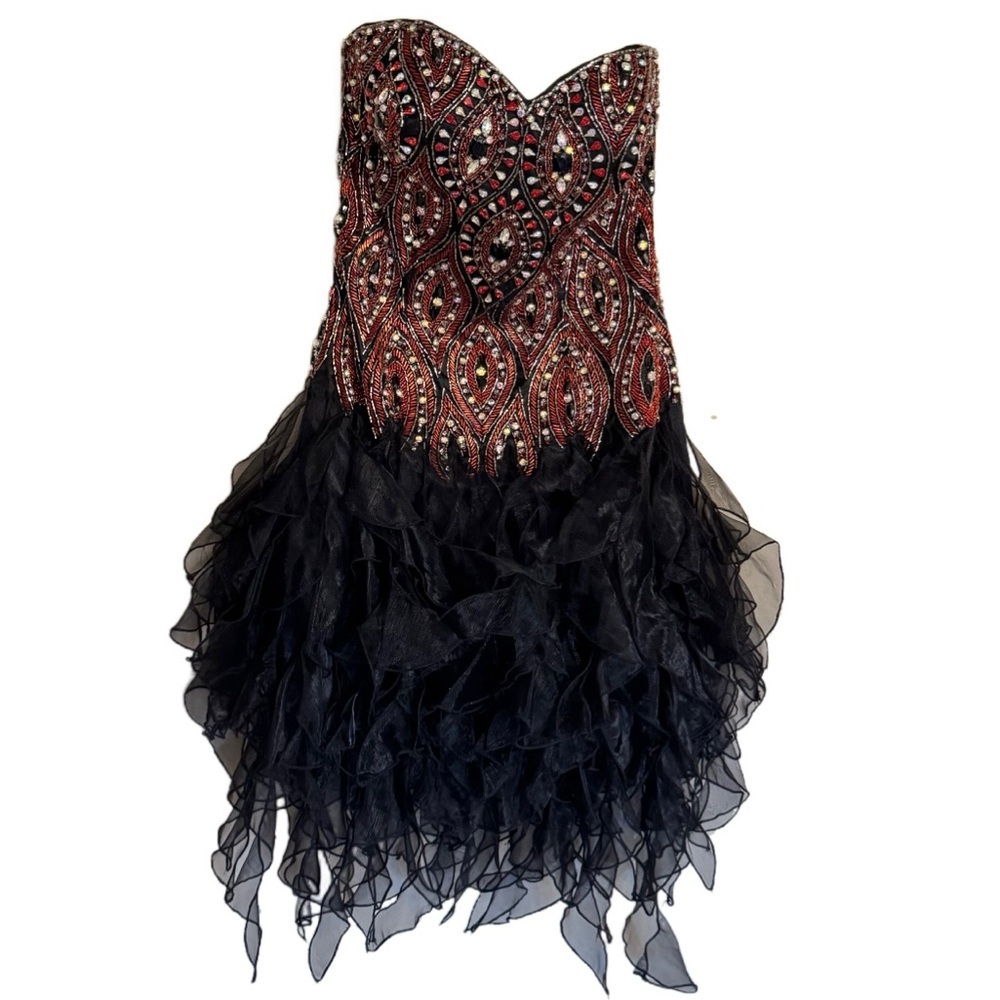 Y2K Vintage Sherri Hill Prom Dress Strapless Beaded Black Red Ruffles Cocktail